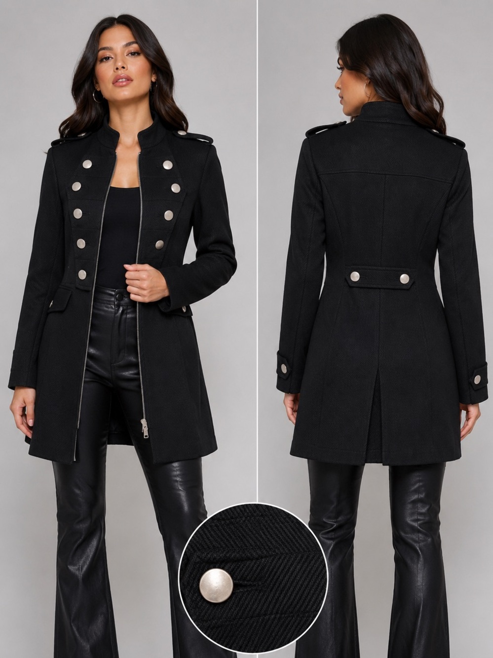 Rampage Black Military-Style Long Coat with Silver Button